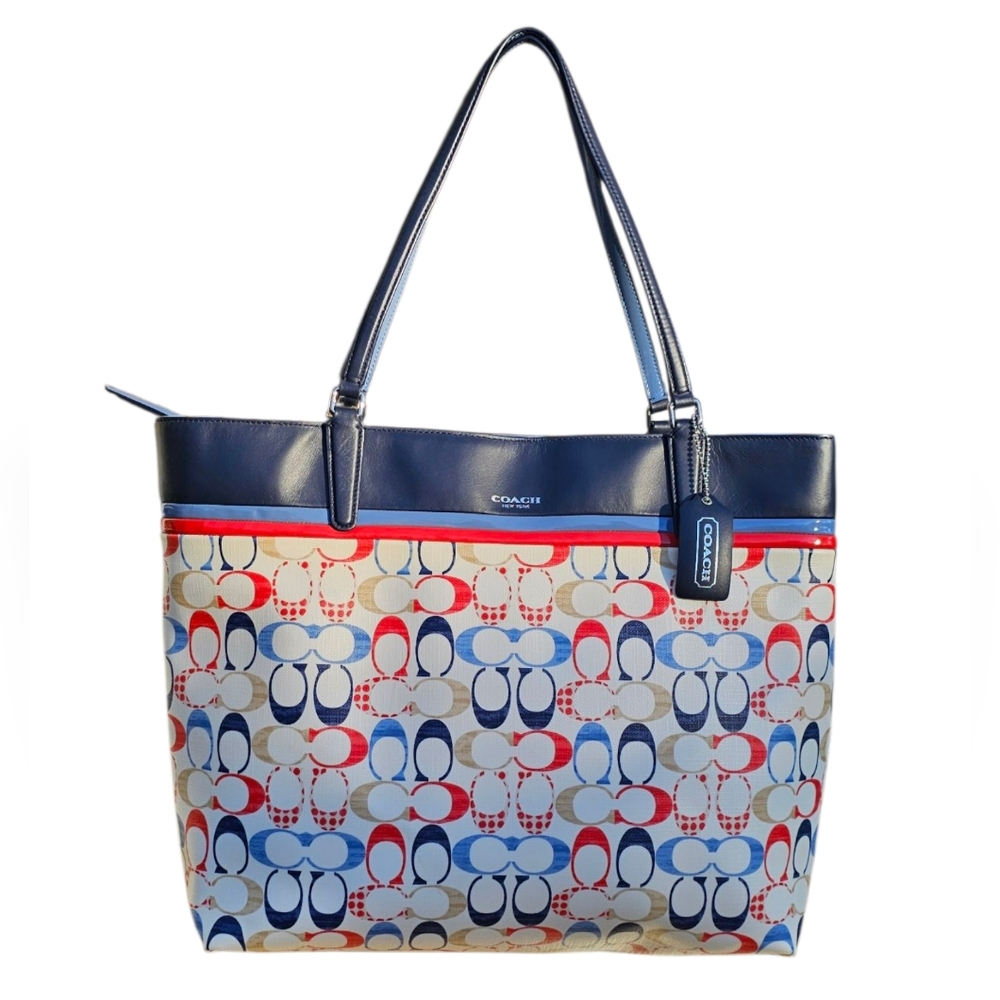 Coach Navy, Red, Light Blue and Tan Signature Tote